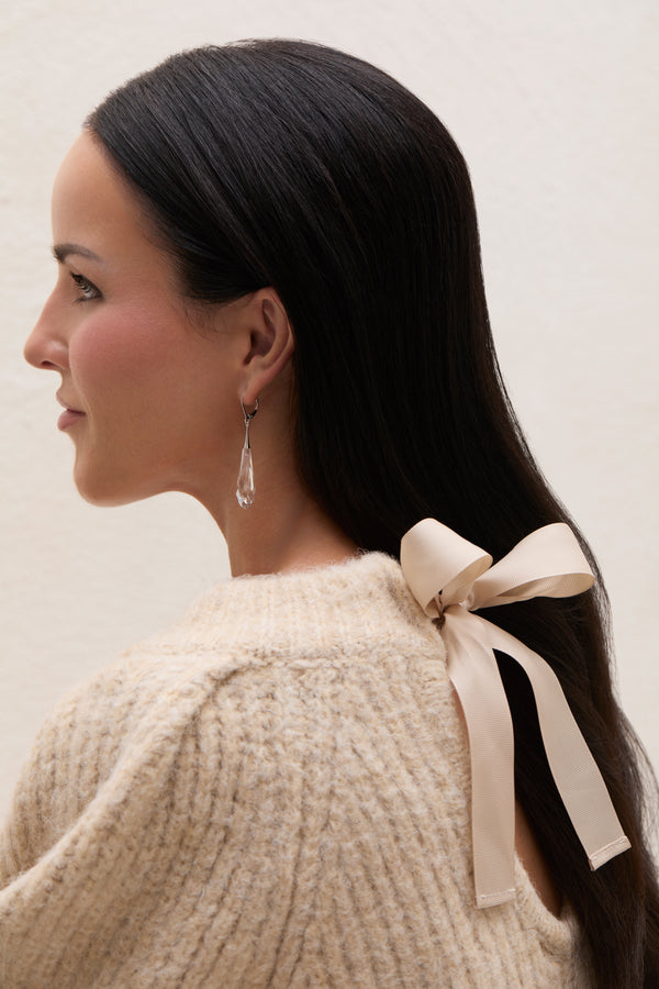 Klas Crystal Teardrop Earrings in Crystal Shadow on model