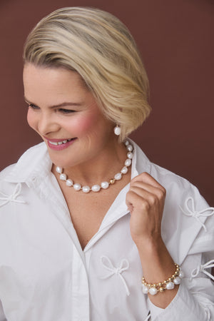 Klas LUX Bold Pearl Necklace, Bracelet and Earrings on model